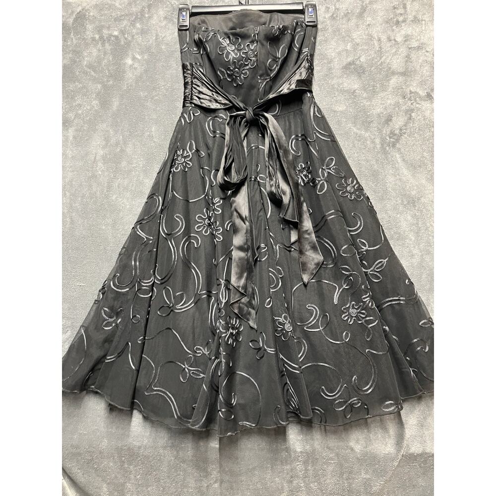 Y2K Whimsigoth Strapless A-Line Black Tulle Floral Dress Sz 3/4 Party HOCO Prom